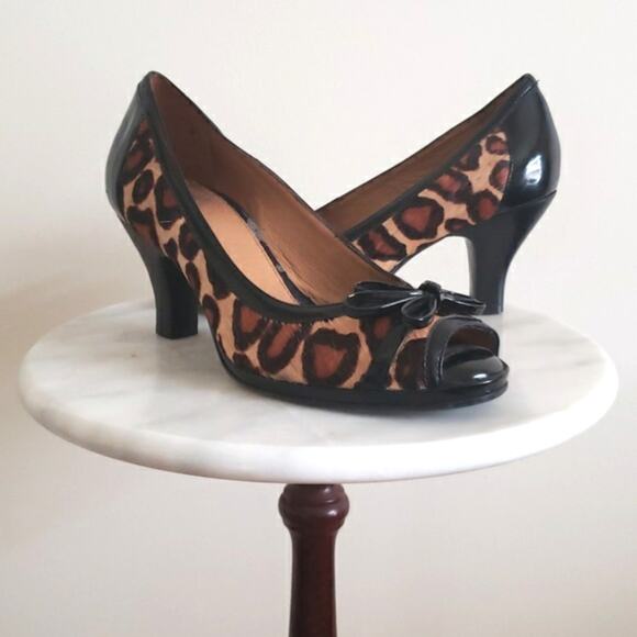 nurture Women's Calf Hair Patent Leather Heels Animal Print Open Toe Size 7 - Picture 1 of 7